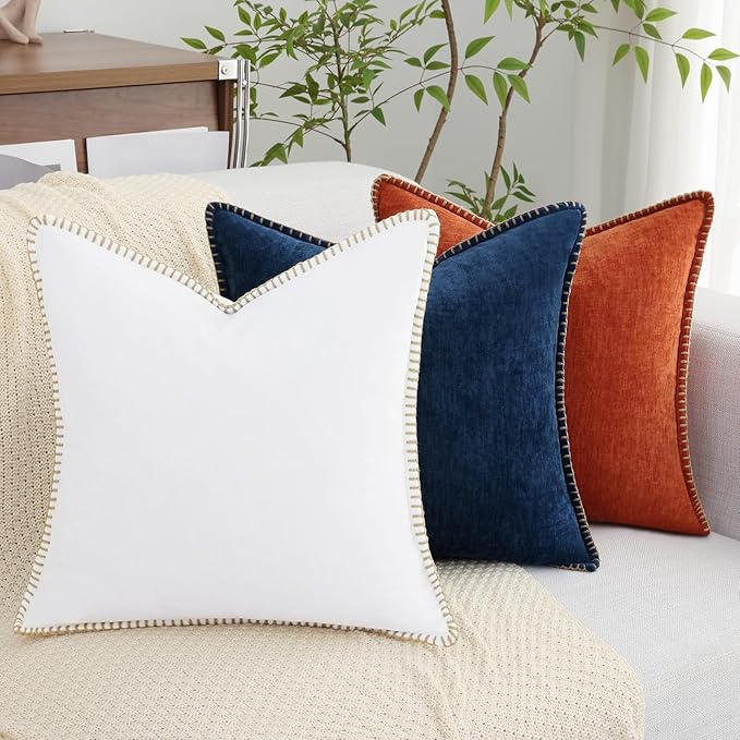 decorUhome Chenille Soft Throw Pillow Covers 26x26 Set of 2, Farmhouse Velvet Neutral Decorative Euro Pillow Covers with Stitched Edge for Couch Sofa Bed Home Decor, Poseidon