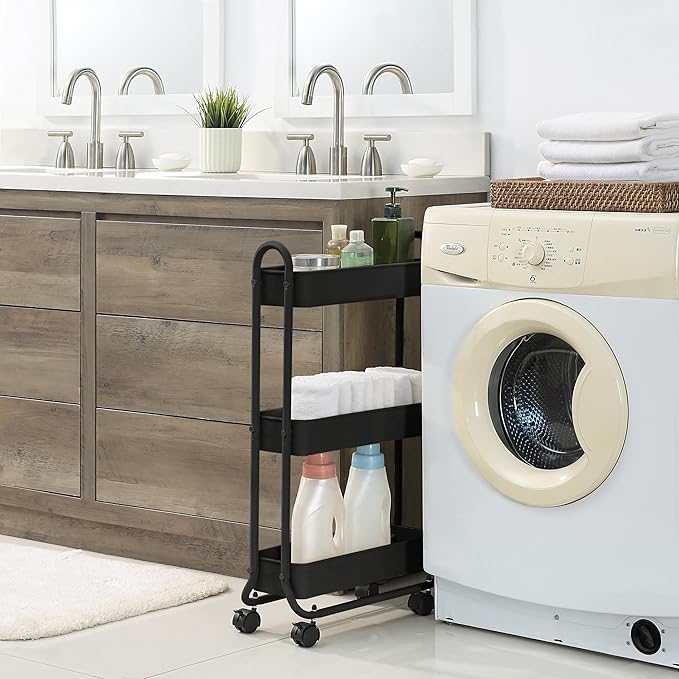 SunnyPoint Slim Rolling Storage Cart, 3 Tier Bathroom Storage Organizer Bathroom, Laundry Utility Cart (Black)