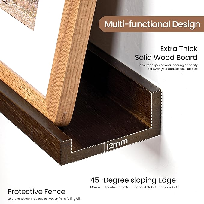 Picture Ledge Shelf, Solid Pine Wood Floating Shelves Set of 2, 32 Inches Nursery Book Shelves for Toys Storage, Kids Bookshelf Wall Mounted for Living Room Bedroom Decor Books Photo Frames, Walnut