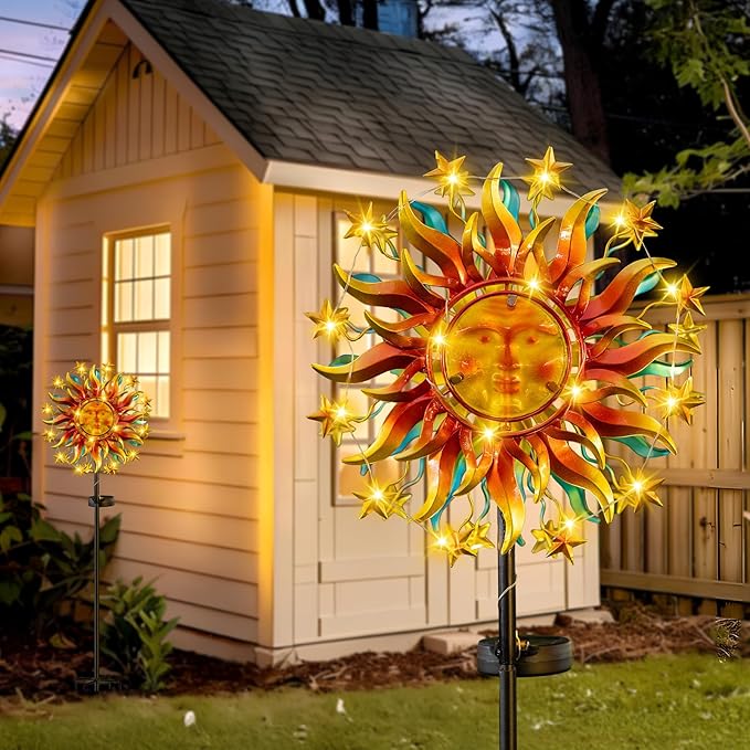 Solar Wind Spinner Metal Sun Decor, Wind Sculptures & Spinners 60.3 in Garden Kinetic Art with Solar Powered Vine String Shining LED Lights for Outdoor Garden Lawn Yard