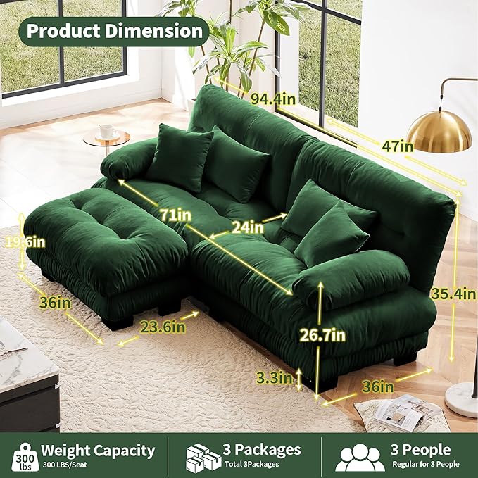Modular Sectional Sofa, Comfy Cloud Couch Oversized Loveseat with Ottoman, Sectional Couches for Living Room, Modern Chenille L Shaped Couch, Sleeper Deep Seat Sofa with Throw Pillows, Green