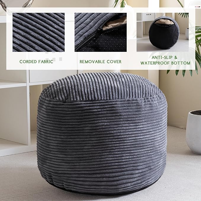 HIGOGOGO Round Stuffed Pouf Ottoman, Corduroy Poufs with Foam Chunk Filling, Furry and Fluffy Pouf Foot Stool Storage Ottoman, 26 X 18 Floor Poufs Foot Rest for Living Room, Dark Grey