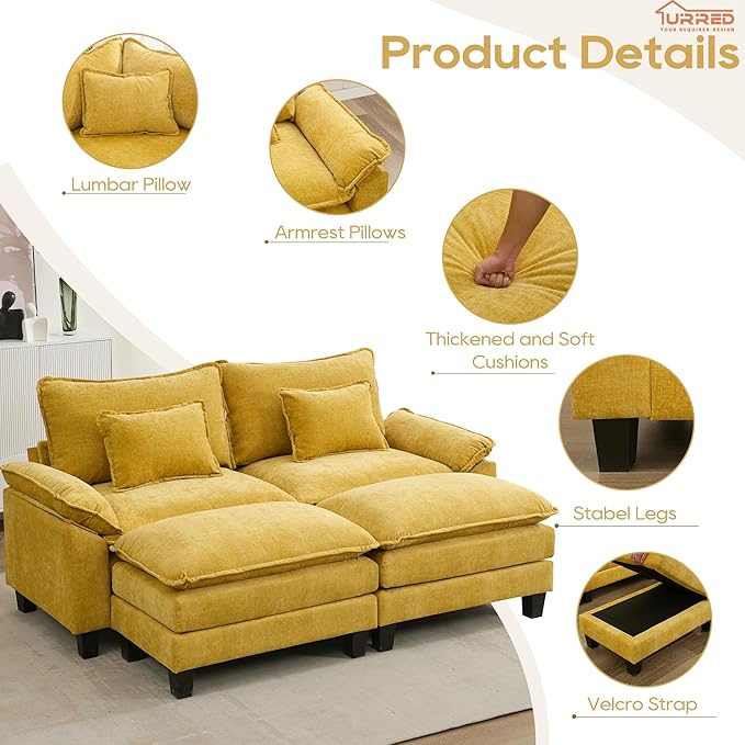 URRED Modular Sectional Sofa Comfy Cloud Couch, Modern Chenille Sofa Sleeper Deep Seat Couches with Ottoman/Pillows for Living Room (Yellow, 82.6''- 2 Ottomans)