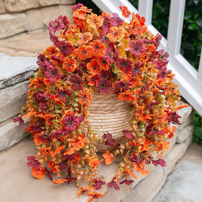INSPRING Fake Autumn Flowers for Outdoors, 2Pcs Artificial Fall Light Orange & Brown Daisy Outside Decor, Fake Hanging Decoration, Realistic Plants, Silk Flower for Porch Patio Balcony Planter