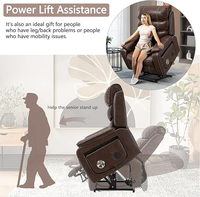 Power Lift Recliner Chair for Adults Elderly Lay Flat Leather Recliners with Massage Heating, Extended Footrest, Wireless Charging Device, USB Ports, Cup Holder, Lumbar Pillow, Up to 400LBS