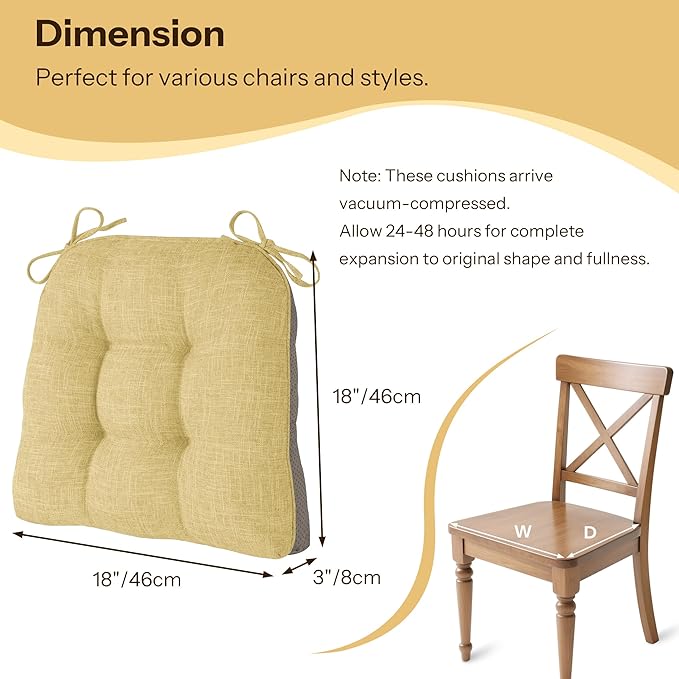 Non Slip Chair Cushions for Dining Chairs Set of 4 Kitchen Chair Cushions 18"x18"x3" Turfted Chair Pads Comfortable and Soft Seat Cushion with Ties, Yellow