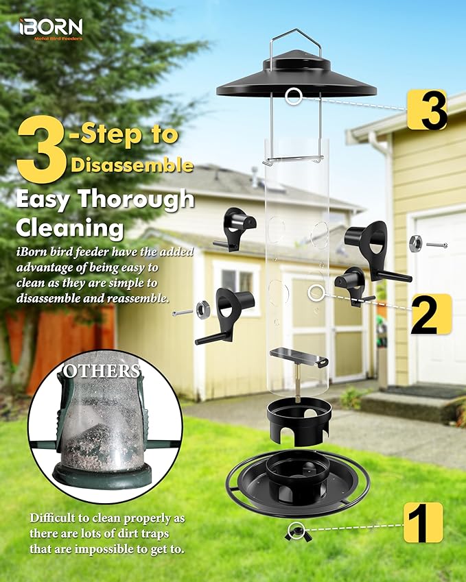 iBorn Metal Bird Feeders for Outdoors, 2LB Bird Seed Feeder 17cm Large Roof &Tray, 4 Feeding Ports, Black Finish