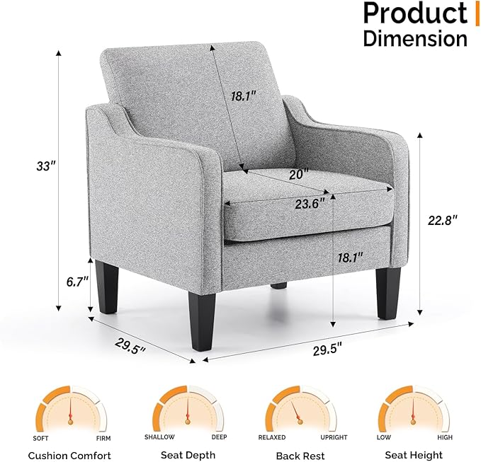 VINGLI Accent Chairs for Living Room Mid Century Modern Chair Sofa Chair Upholstered Arm Chair with Scooped Arms for Bedroom, Apartment, Office, Studio, Waiting Room, Play Room