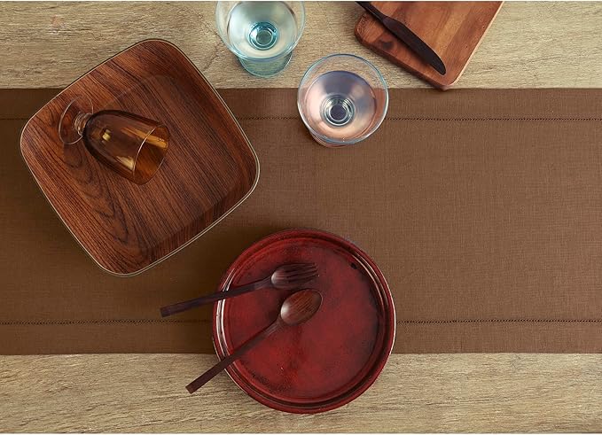 Solino Home Linen Brown Table Runner 48 Inches - Classic Hemstitch, 100% Pure Linen Coffee Table Runner 14 x 48 Inch Ideal for Dresser Tables, Fall, Autumn, Thanksgiving
