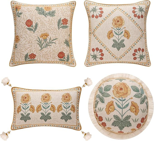 patdrea Designer Pack of 4 Throw Pillow Covers,Beige Vintage French Soft Linen Pillows Cover with Daisy Floral Pattern,Vintage Square Farmhouse Decorative Pillowcase for Couch,Bed,Living Room
