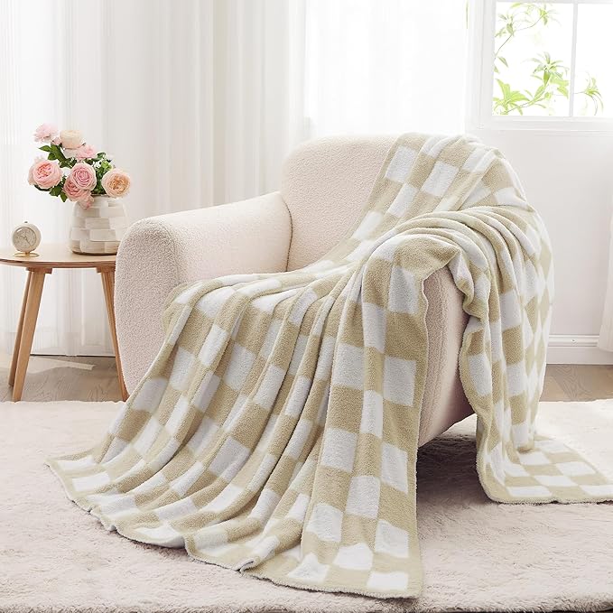 JOOJA Soft Cozy Checkerboard Beige Knit Throw Blanket for Couch Plaid Checkered 50x60 in