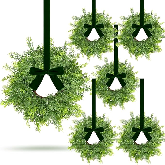 6 PCS Mini Christmas Wreaths for Kitchen Cabinets Artificial Green Norfolk Cedar Wreaths with Bow for Christmas Decorations Window Door Fireplace Chairs Wall Staircase Indoor Outdoor Home Decor