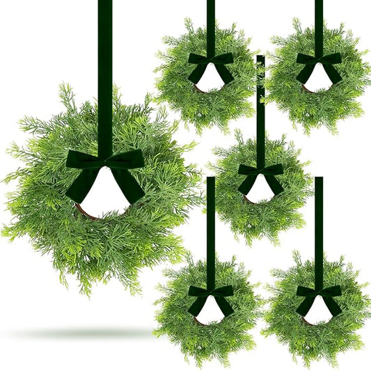 6 PCS Mini Christmas Wreaths for Kitchen Cabinets Artificial Green Norfolk Cedar Wreaths with Bow for Christmas Decorations Window Door Fireplace Chairs Wall Staircase Indoor Outdoor Home Decor