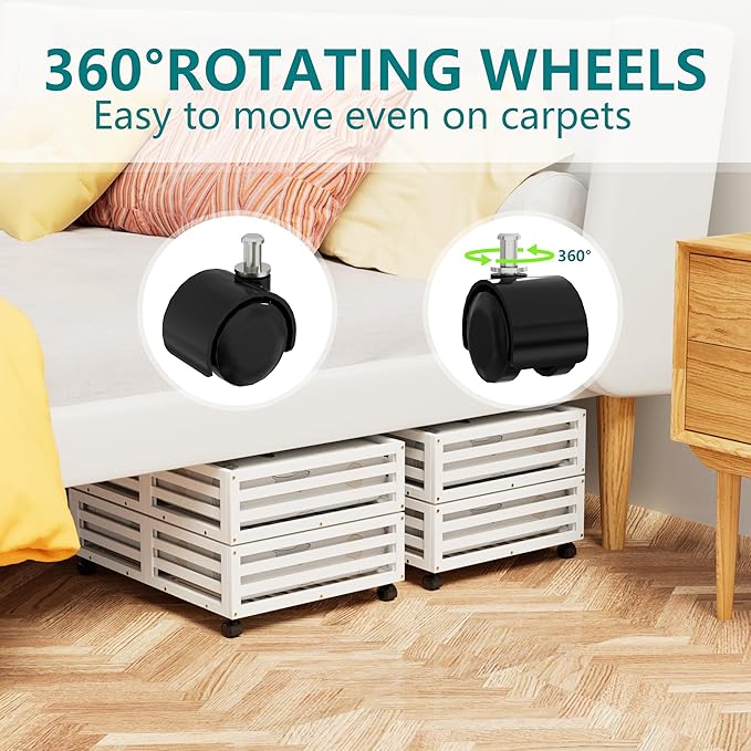 Under Bed Storage with Wheels-Large Bamboo Underbed storage Containers with Large Dust Bag Stackable Under the Bed Shoe Storage Bins for Clothes Books Bedding (2 Packs White, 23.62"L×16.54"W× 6.51"H)