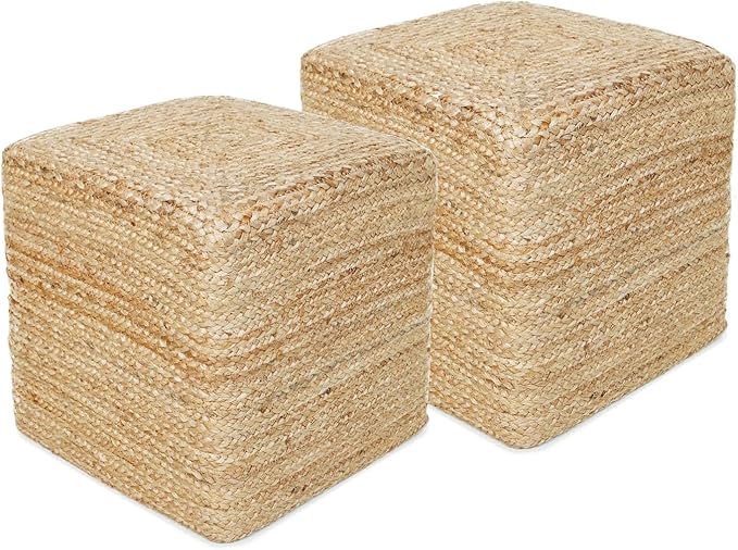 REDEARTH · Cube Pouf Foot Stool Ottoman - Jute Braided Pouffe Poof Accent Sitting - Set of 2 Footrest for The Living Room, Bedroom, Nursery, Patio, Lounge, Office - 14.5”x14.5”x16” - Natural