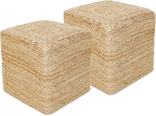 REDEARTH · Cube Pouf Foot Stool Ottoman - Jute Braided Pouffe Poof Accent Sitting - Set of 2 Footrest for The Living Room, Bedroom, Nursery, Patio, Lounge, Office - 14.5”x14.5”x16” - Natural