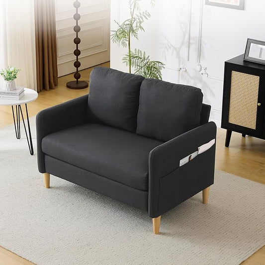 VINGLI 47" Small Couch, Linen Loveseat Sofa Black Mini Couch Mid Century Modern Decor Love Seat for Small Spaces Living Room, Bedroom, Play Room