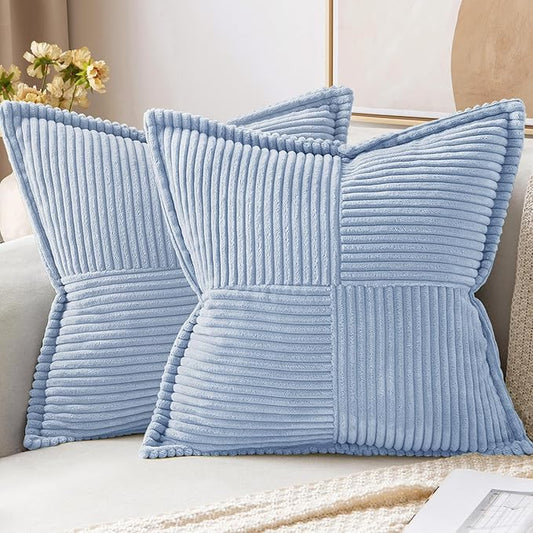 MIULEE Decorative Throw Pillow Covers for Couch Bed Livingroom 18x18 Inch Set of 2 Baby Blue Boho Accent Throw Pllows Broadside Striped Patchwork Soft Corduroy Pillowcases