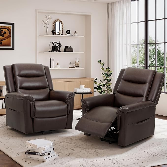 COLAMY PU Leather Power Lift Chair with Massage and Heat,Electric Lift Recliner Chair with Thick Cushioned Padding Backrest for Living Room, Office, Bedroom -Darkbrown