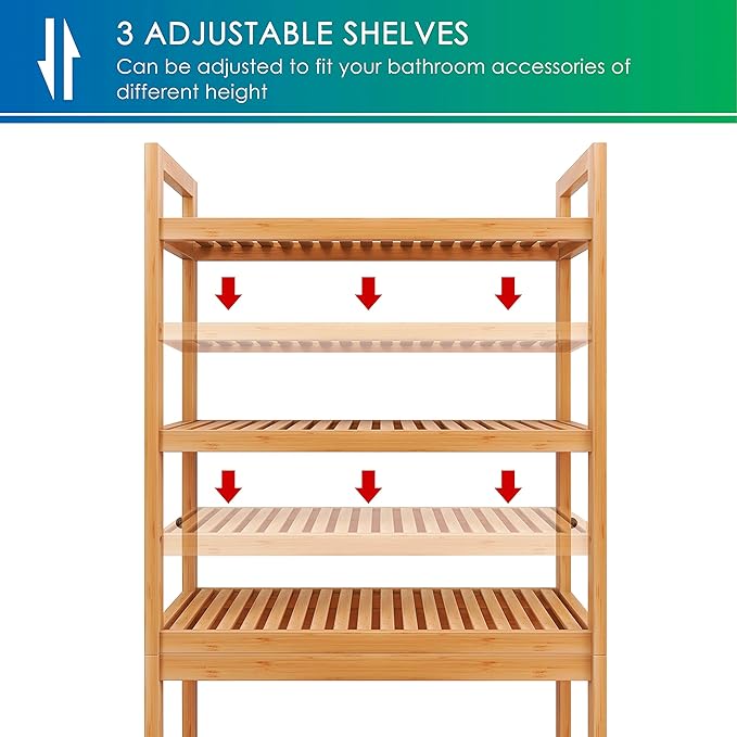 SMIBUY Bathroom Storage Shelf, Bamboo Over-The-Toilet Organizer Rack, Freestanding Toilet Space Saver with 3-Tier Adjustable Shelves (Natural)