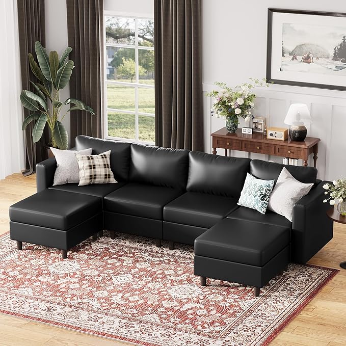 118.5" Oversized Modular Sectional Sofa, Faux Leather 6 Seater U Shaped Couch with Movable Ottoman and Storage Seat with Reversible Chaise Deep Seat for Living Room Black