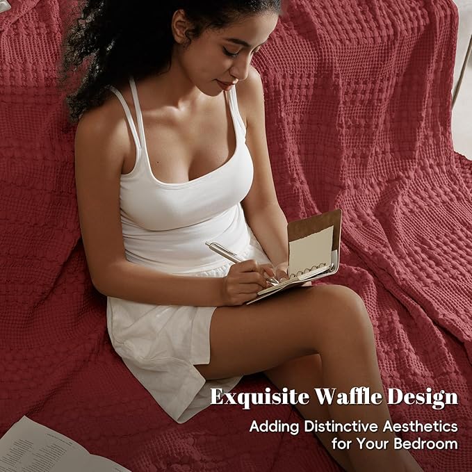 PHF 100% Cotton Waffle Weave Blanket Twin Size, Soft Lightweight Breathable Cozy Summer Blankets for Bed, Luxury Aesthetic Woven Bedding for Home Decor, 66"x90", Wine Red