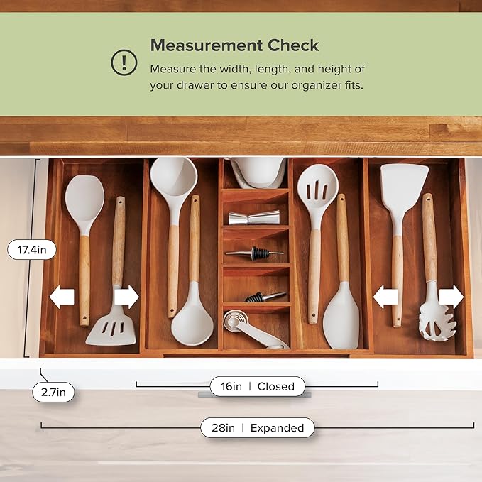 Adjustable Kitchen Drawer Organizer for Utensils and Junk, Food-Safe Contract Grade with 100% Sustainable Wood, Non-Slip, Expandable from 16" to 28" Wide - Natural Acacia
