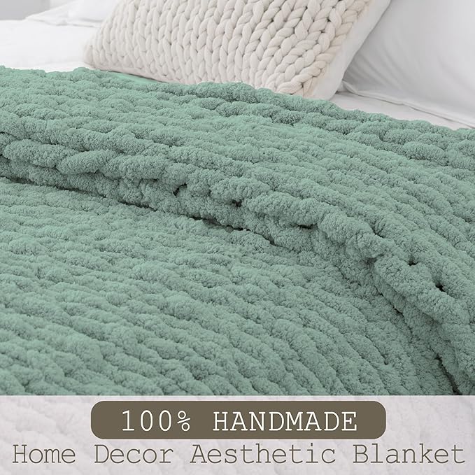 Chunky Knit Throw Blanket 50"X 60", 100% Handmade with Soft Chenille Yarn, 4.4lbs Thick Cable Knitted Blankets, Large Rope Knot Crochet Throws for Couch Sofa Bed Home Decor, Sage Green