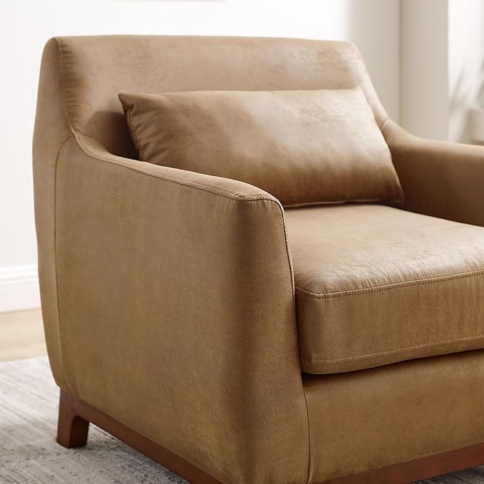 Extra Deep Accent Chair, Comfy Fabric Armchair with Wood Base, Upholstered Single Sofa Chair for Living Room & Bedroom, Faux Leather Brown