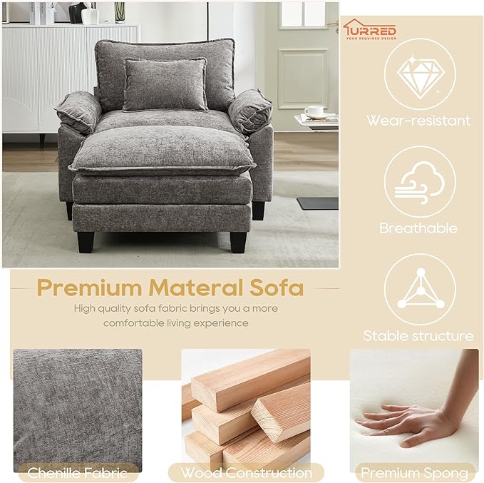 URRED Modular Sectional Sofa Comfy Cloud Couch, Modern Chenille Sofa Sleeper Deep Seat Couches with Ottoman/Pillows for Living Room (Gray, 53''- Ottoman)