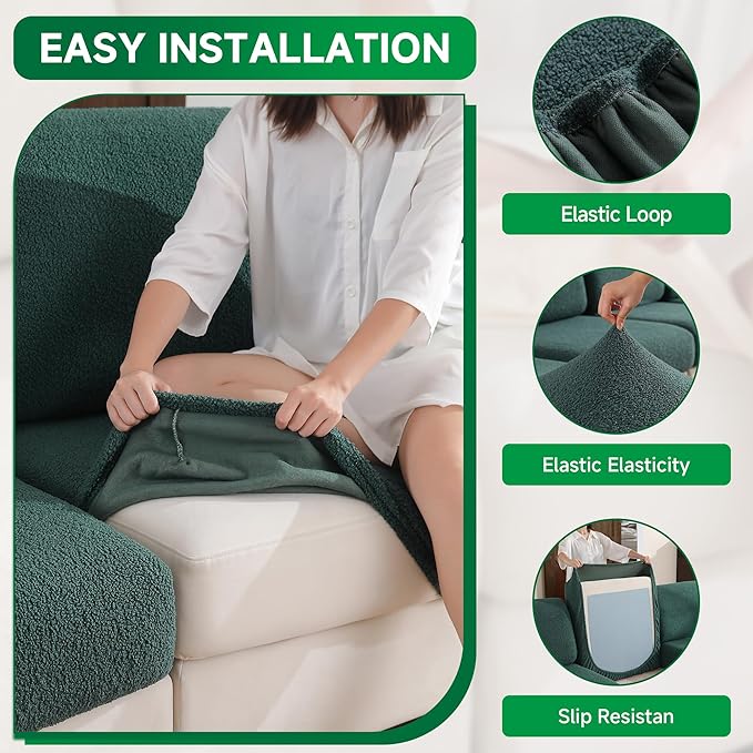 Couch Cushion Covers for Sectional Sofa, Stretch Soft Sofa Slipcovers Washable Wear-Resistant Universal Furniture Protector for Living Room(1 Piece Chaise Cover, Green)