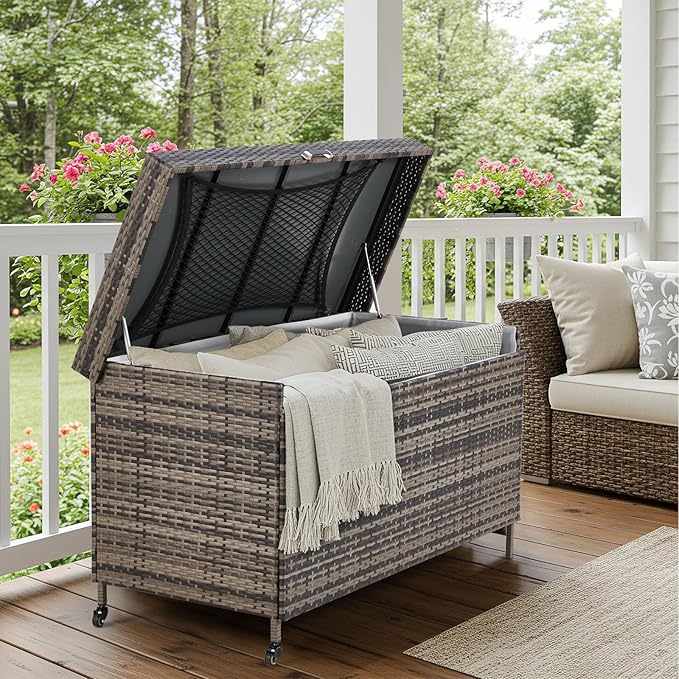 HOMREST Large Deck Box, Outdoor Wicker Storage Container with 240 Gallon, Patio Rattan Furniture for Garden Tools, Pillows, Pool, Brown