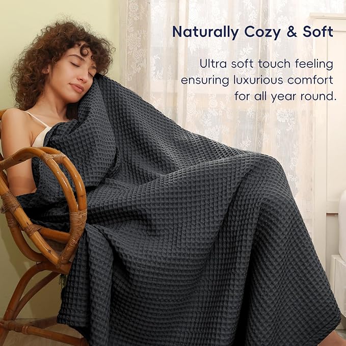 PHF Ultra Soft Waffle Weave Throw Blanket 50"x 60"- Washed Lightweight Breathablee Cozy Woven Blanket - Great for Couch Bed Sofa Home Car - Black