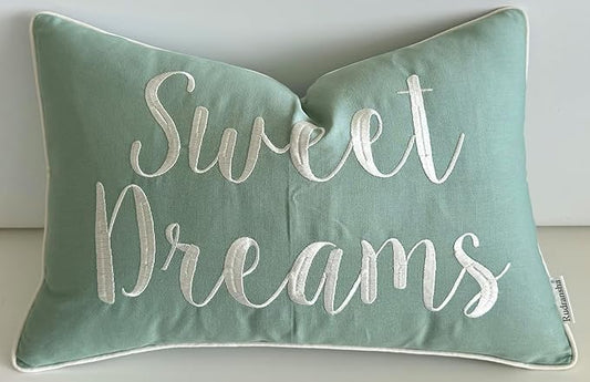 Rudransha 12x18 Sweet Dreams Lumbar Pillow Cover - Embroidered Quote Throw Pillowcase - Decorative Cushion for Couch, Sofa, Bed, Nursery, Cozy Corner - Relaxing Bedroom Accent - Light Teal
