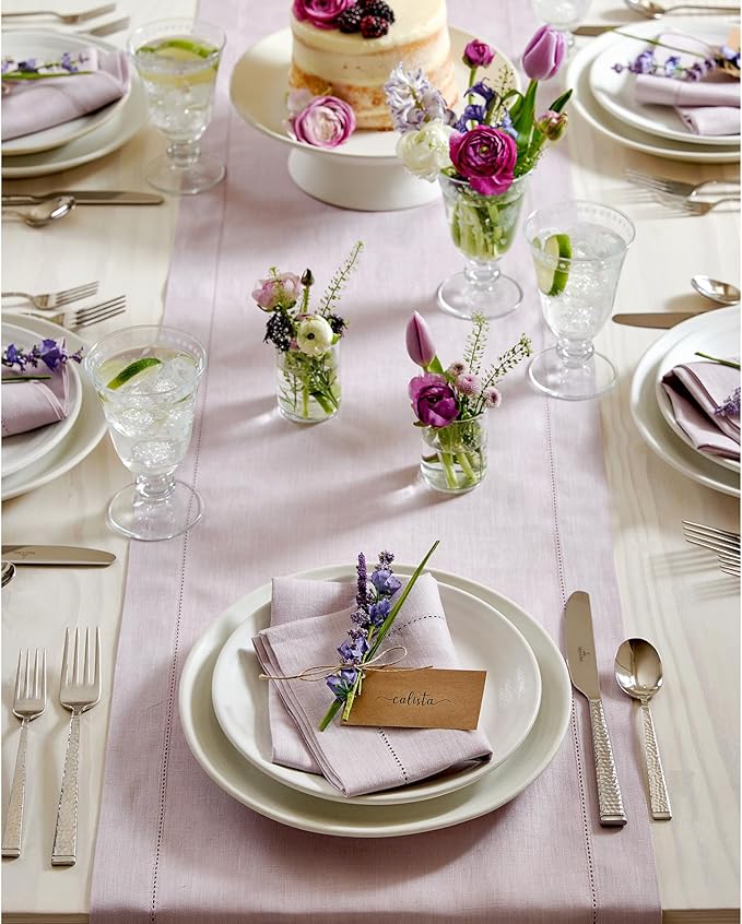 Solino Home Linen Lilac Table Runner 156 Inches Long - 100% Pure Linen Extra Long Table Runner 14 x 156 Inch - Classic Hemstitch