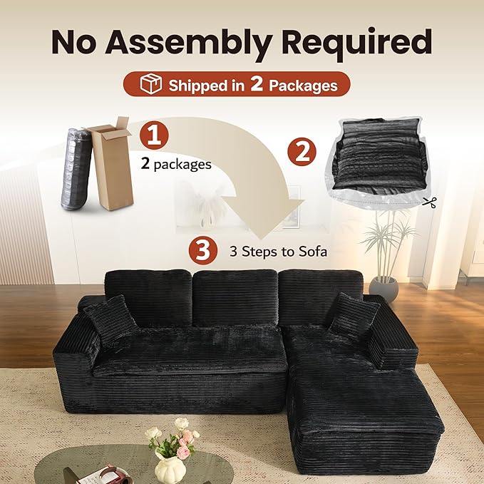 ovios 105” Modular Sectional Sofa with Thicken Seat Cushion, Cloud Couch with Deep Seat, Modern L-Shape Sofas Couches with Chaise,Upholstered Couches for Living Room Bedroom,Black