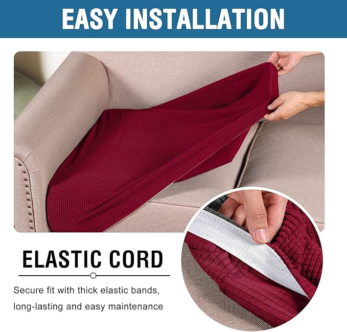H.VERSAILTEX Super Stretch Individual Seat Cushion Covers Sofa Covers Couch Cushion Covers Slipcover Sets Thick Jacquard Textured Twill Fabric (2 Piece Large Sofa Cushion Covers, Burgundy Red)