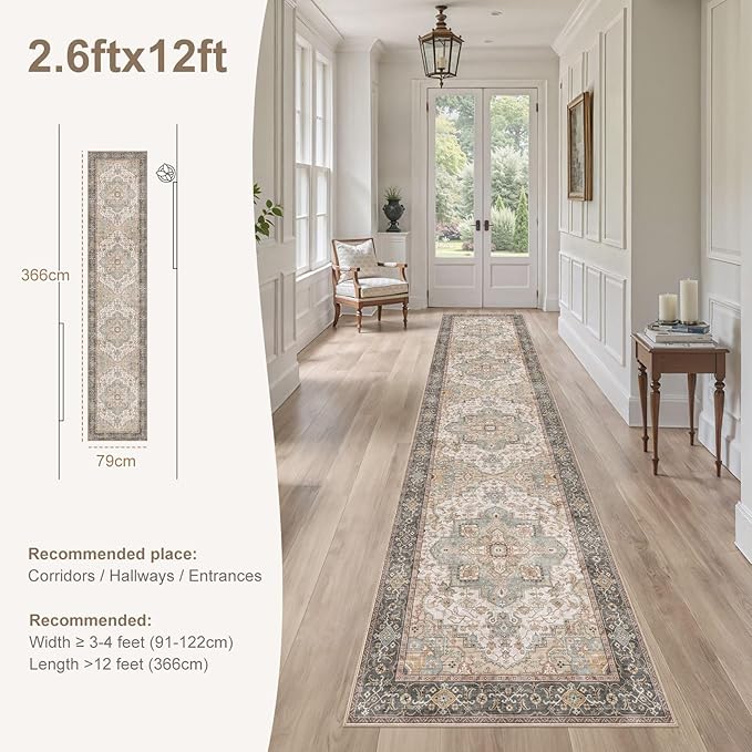 Washable 2.6x12 Runner Rug - Area Rugs Neutral Vintage Distressed Floral Farmhouse Boho Large Soft Floor Rug Indoor Carpet for Hallway Entryway Kitchen Home - Forest Green Orange