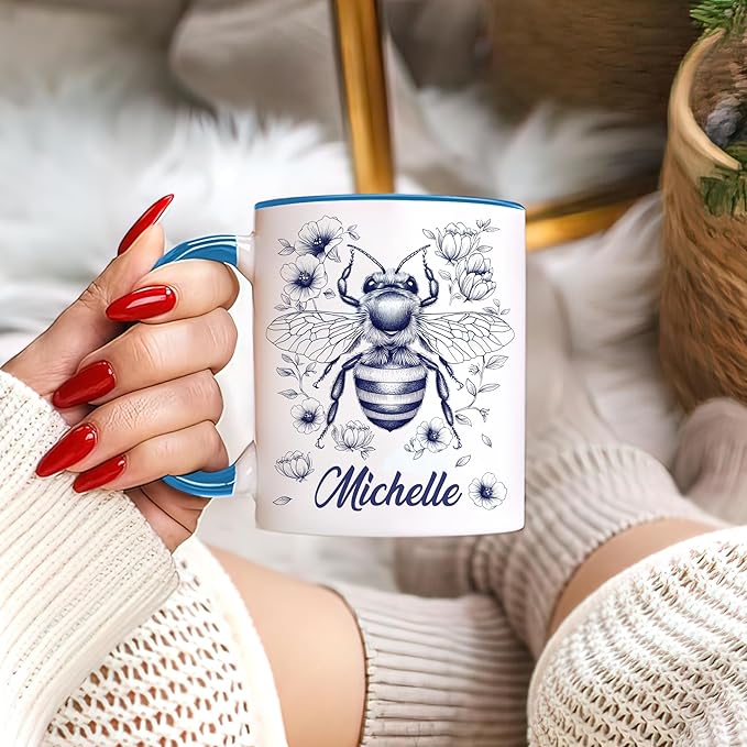 Hyturtle Personalized Floral Bee Mug - Bee Keeper Gifts For Women Lovers Teacher - Honey Gifts For Beekeeper Farmer On Birthday - Queen Honeycomb Decor - Custom Coffee Cup Ceramic Mug 11 Oz 15 Oz