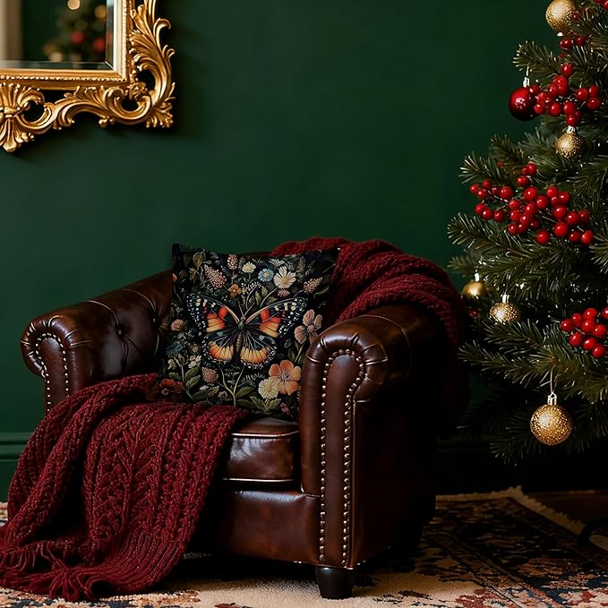 Gorgeous Butterfly Floral Pillow Covers 18x18, Dark Cottagecore Wildflower Botanical Moth Decorative Throw Pillow Covers for Bedroom Living Room Home, Butterfly Room Decor