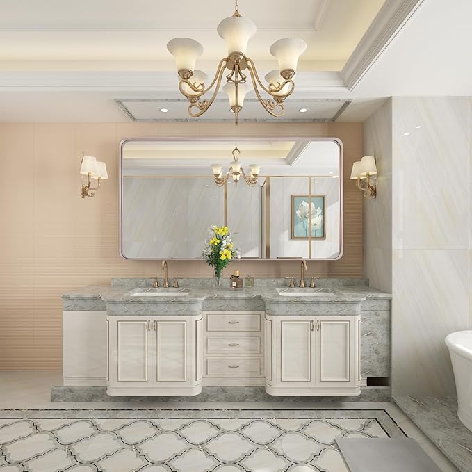 60 x 30 Inch Wall Mirror for Bathroom, Purple Gold Large Bathroom Vanity Mirror with Ribbed Texture Metal Frame Soft Rounded Corner for Hotel/Bedroom/Entryway (Horizontal/Vertical)