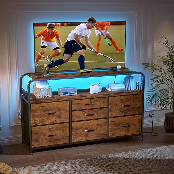 TV Stand for Bedroom with LED Lights & Charging Station, 7 Drawer with Open Shelf, Media Console for Living Room & Chest of Drawers for Closet, Entryway, Hallway, 4 Hooks, Rustic Brown