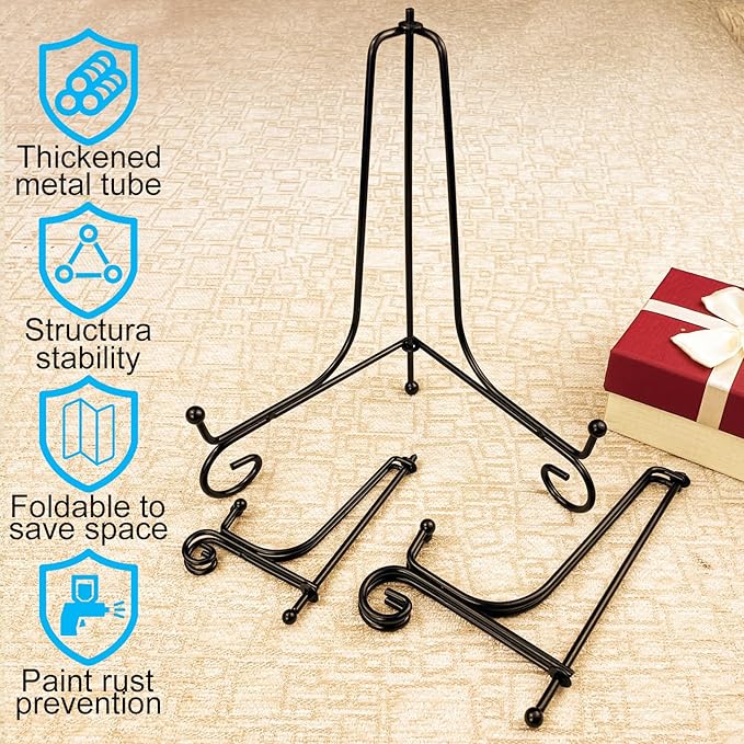 6PCS 3 Size Black Iron Plate Stands for Display - 4, 6, 8 Inch Decorative Metal Plate Holders - Mini Easel, Frame, Book, Card, Plaque, Bowl, Picture Display Stands