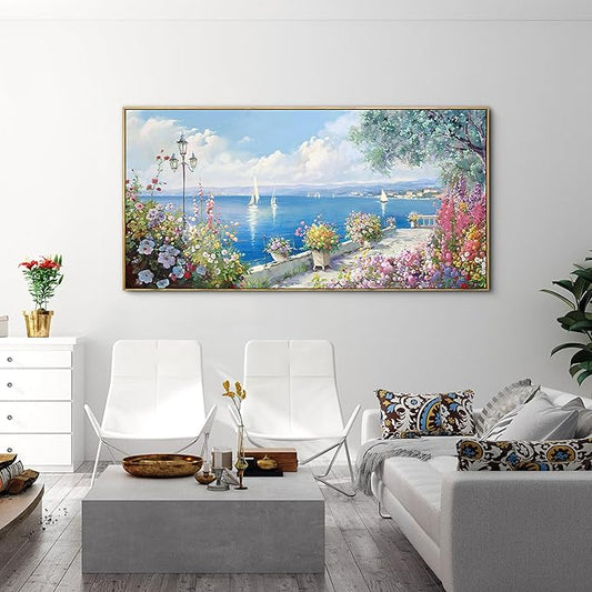 XLSJERST Large Coastal Wall Art - Ocean Seascape Canvas Yellow Green Flowers Painting Landscape Sailboat Picture Artwork Modern Large Framed for Living Room Bedroom Home Office Decor 24x48