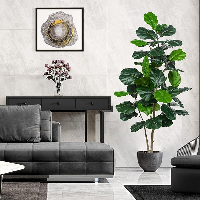 Artificial Fiddle Leaf Fig Tree 5FT, Large Realistic Faux Ficus Lyrata Plant with Pot Large Faux Plant for Indoor Outdoor Home, Office, Living Room, Bathroom Decor