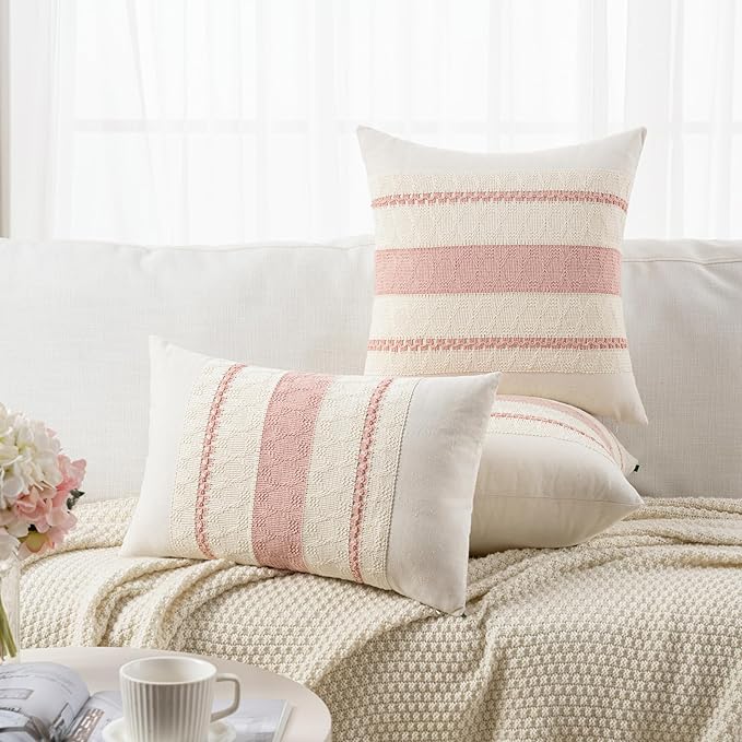 Fancy Homi Set of 2 Boho Pink Long Lumbar Decorative Throw Pillow Cover 14x24 Inch for Couch Bed Sofa Chair, Modern Organic Farmhouse Home Decor, Soft Cotton Cute Accent Rectangle Cushion Case