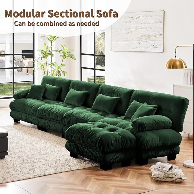 Modular Sectional Sofa, Comfy Cloud Couch 3 Seater Couch with Ottoman, Sectional Couches for Living Room, Modern Chenille L Shaped Couches, Sleeper Deep Seat Sofa with Throw Pillows, Green
