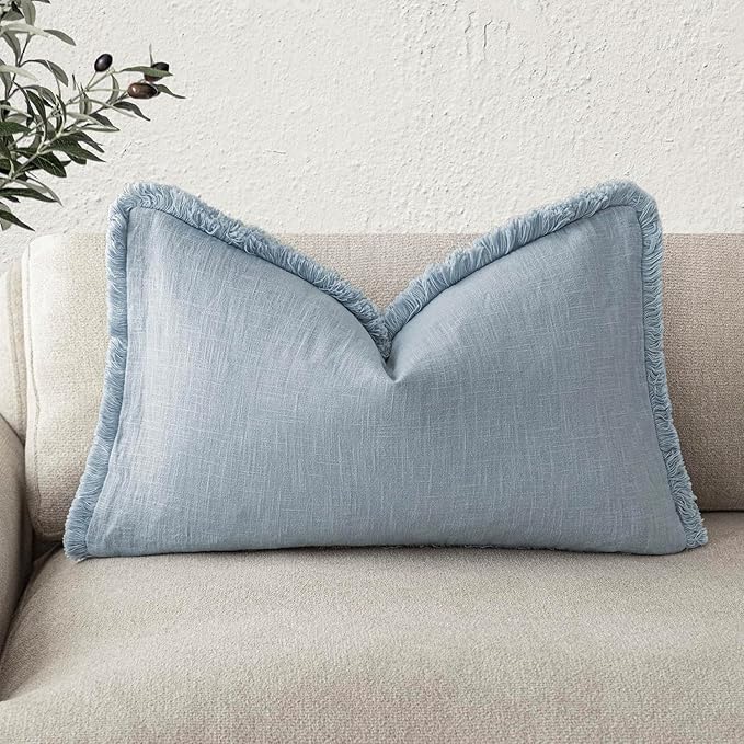 Foindtower Decorative Linen Fringe Lumbar Throw Pillow Covers Cozy Boho Farmhouse Cushion Cover with Tassel Soft Accent Pillowcase for Sofa Bed Living Room Home Decor, 12×20 Inch,1PC,Sky Blue