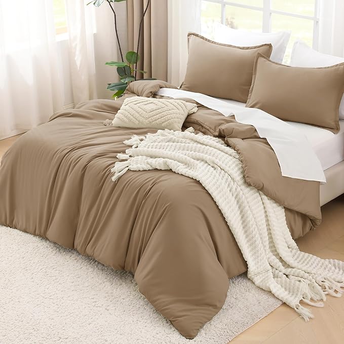 Litanika Taupe Comforter Set King Size, 3 Pieces Solid Bedding Comforter Set, All Season Fluffy Bed Set (104x90In Comforter & 2 Pillowcases)