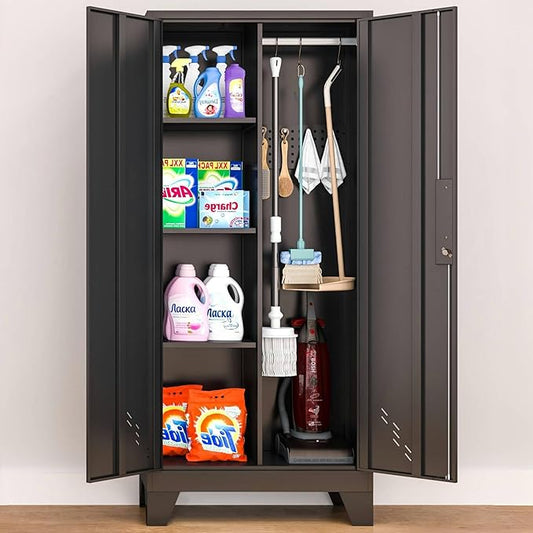 61" H Metal Storage Cabinet, Utility Cabinets with Locking Doors, Laundry Cabinet with Hanging Rod, Garage Tool Storage Cabinets for Home Office, Garage, Bathroom (Black)